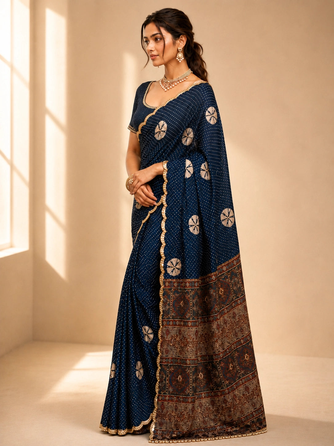 Elegant Blue  Bandhani Saree with Scalloped Border