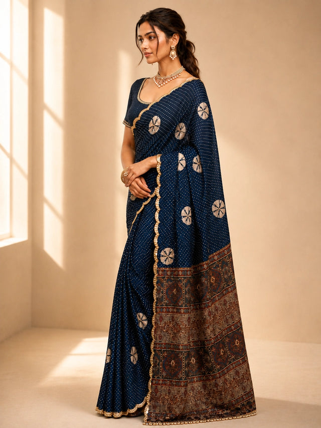 Elegant Blue  Bandhani Saree with Scalloped Border