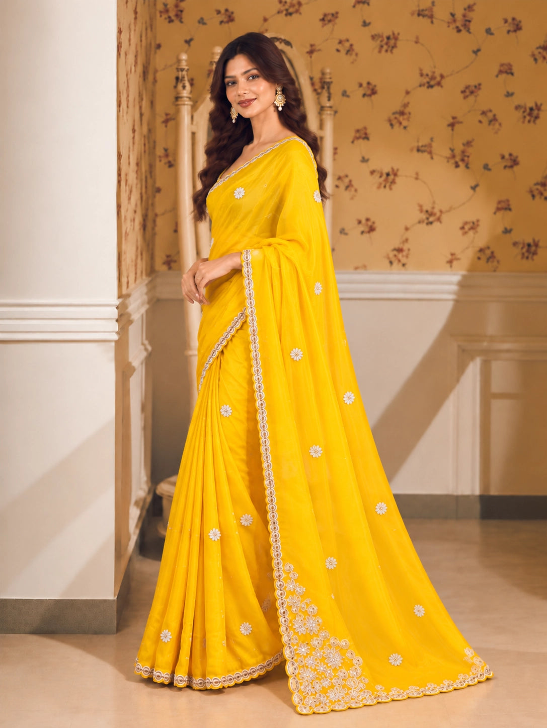 Mustard Embroidered Saree with Elegant Lace Border