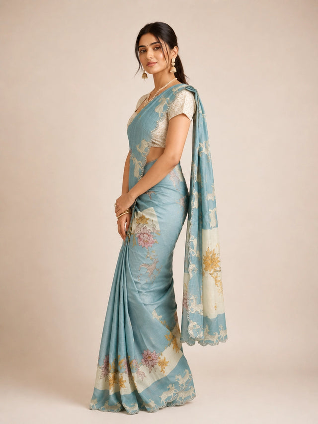 Elegant Sky Blue  Floral Saree