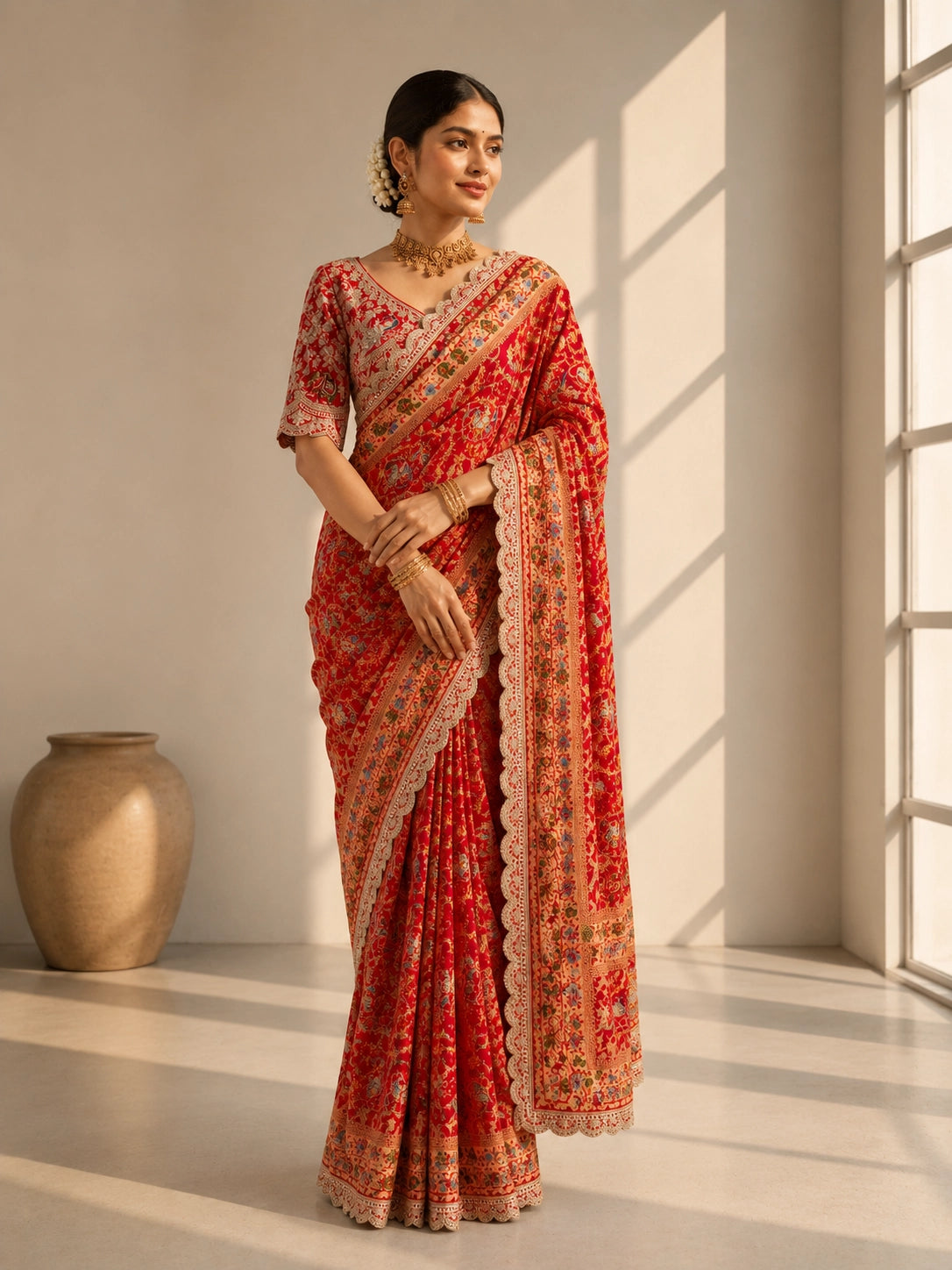 Red Floral Printed Designer Saree | Wedding & Festive Wear Saree