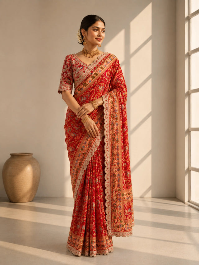 Red Floral Printed Designer Saree | Wedding & Festive Wear Saree