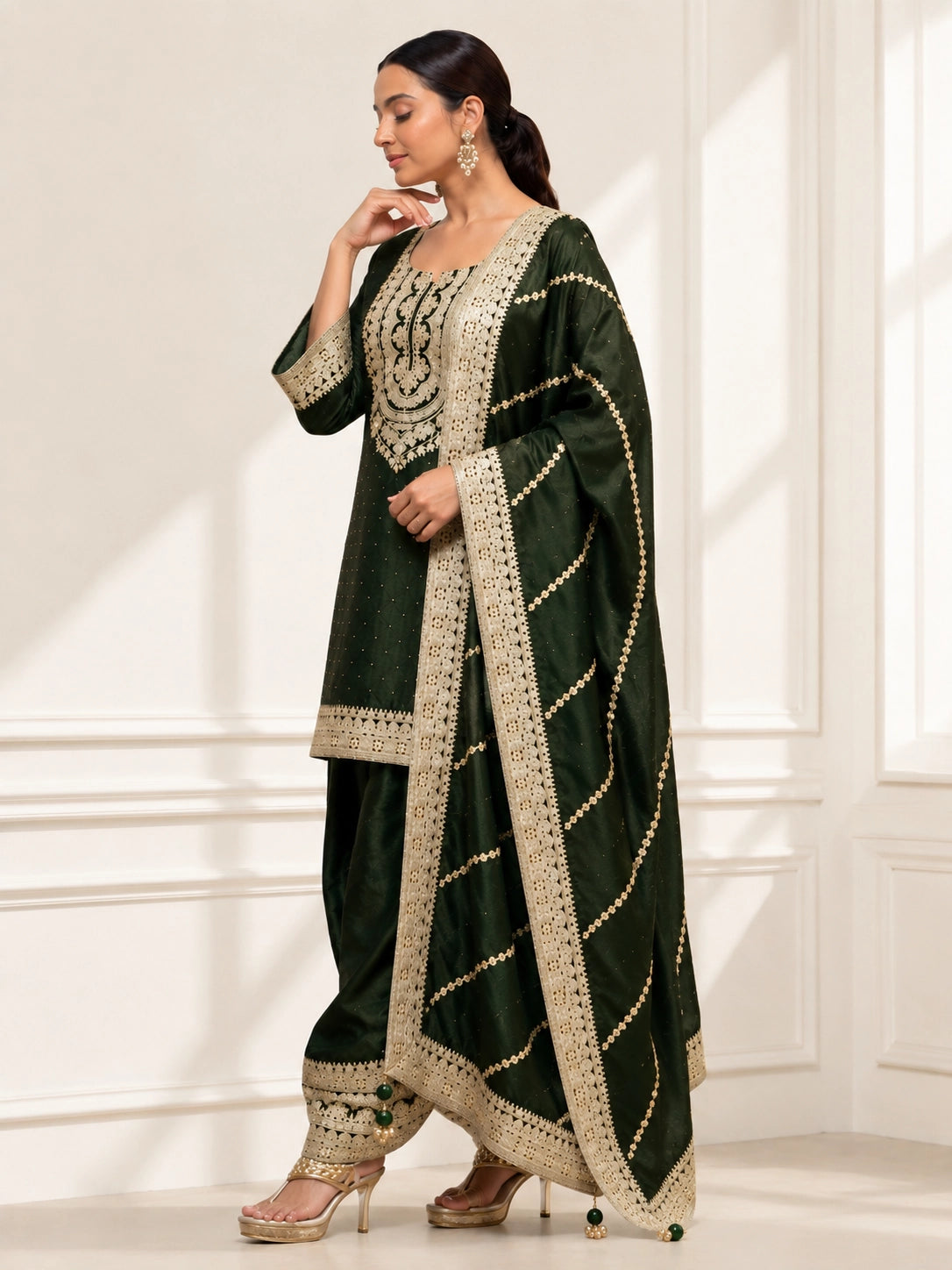 Mehendi Embroidered Kurti Set with Dupatta & Patiala Pants
