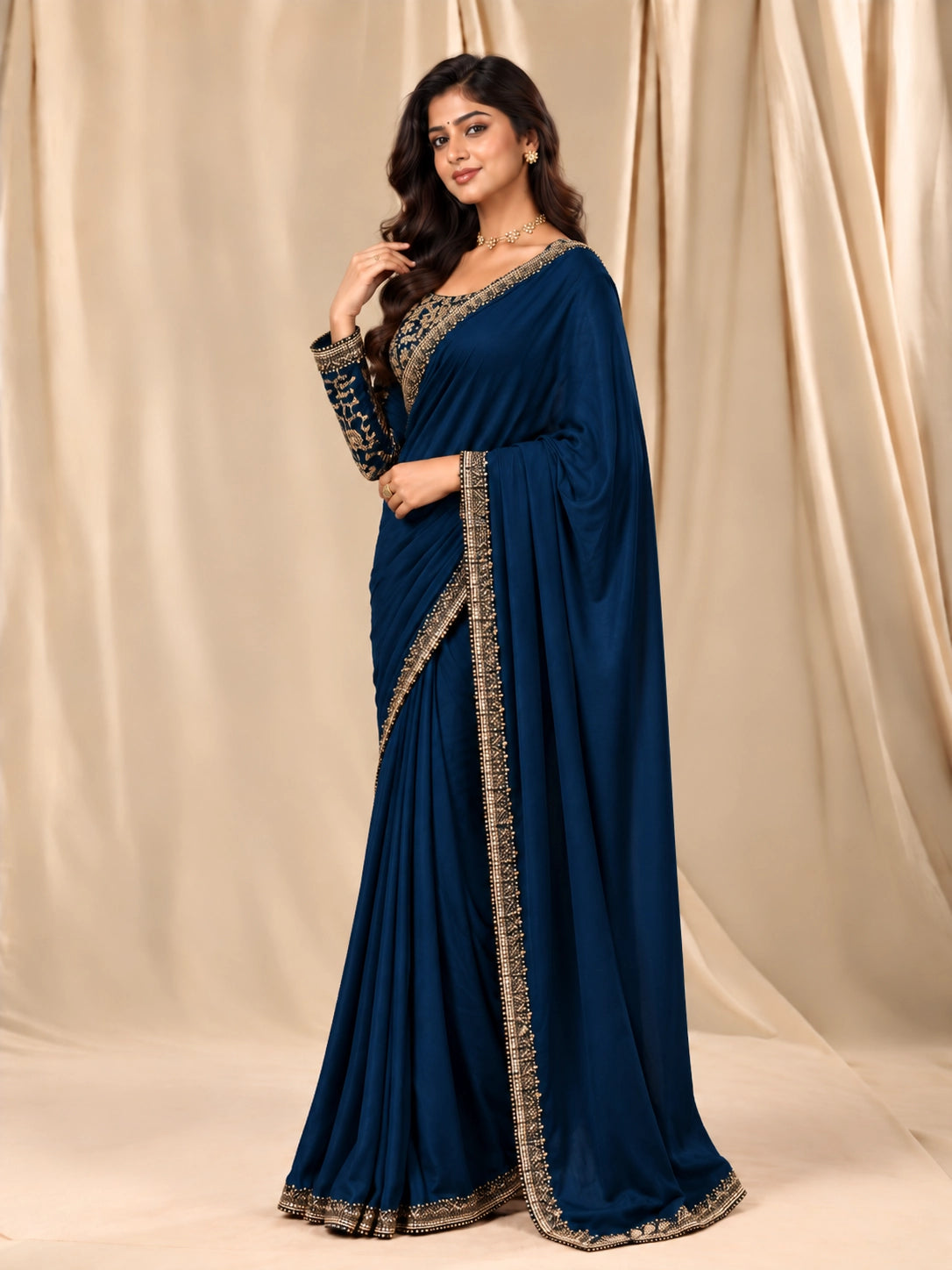 Blue Designer Saree with Intricate Golden Embellished Border