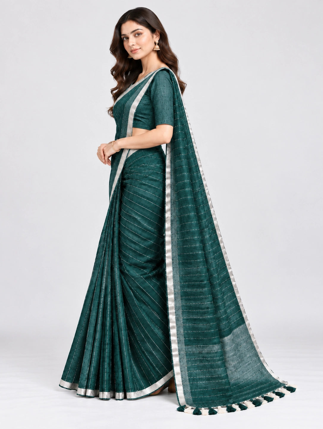 Striped Woven Saree with Metallic Border & Tassel Pallu | Elegant Ethnic Saree