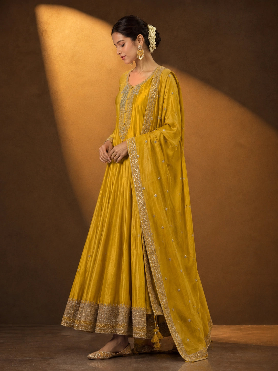 Elegant Mustard Yellow Embroidered Anarkali Suit Set