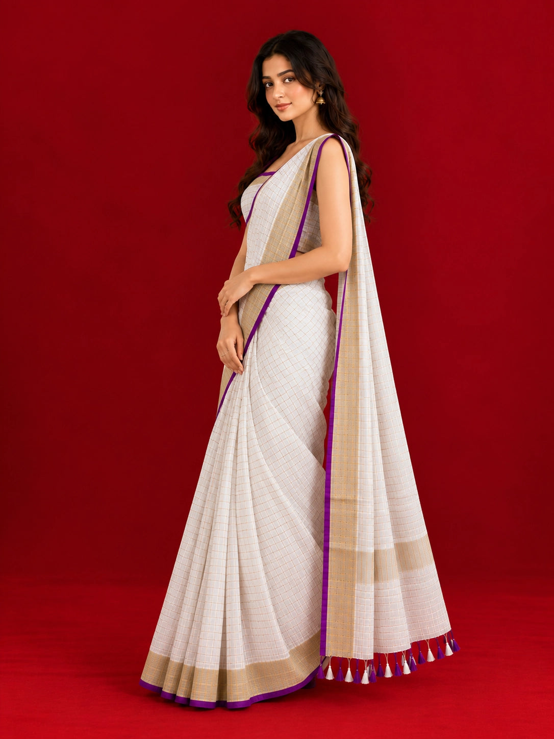 Elegant Checkered Woven Saree with Contrast Border & Tassel Detailing