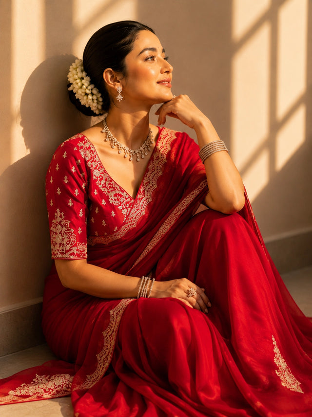 Elegant Red Embroidered Saree with Designer Lace Border | Wedding & Party Wear Saree