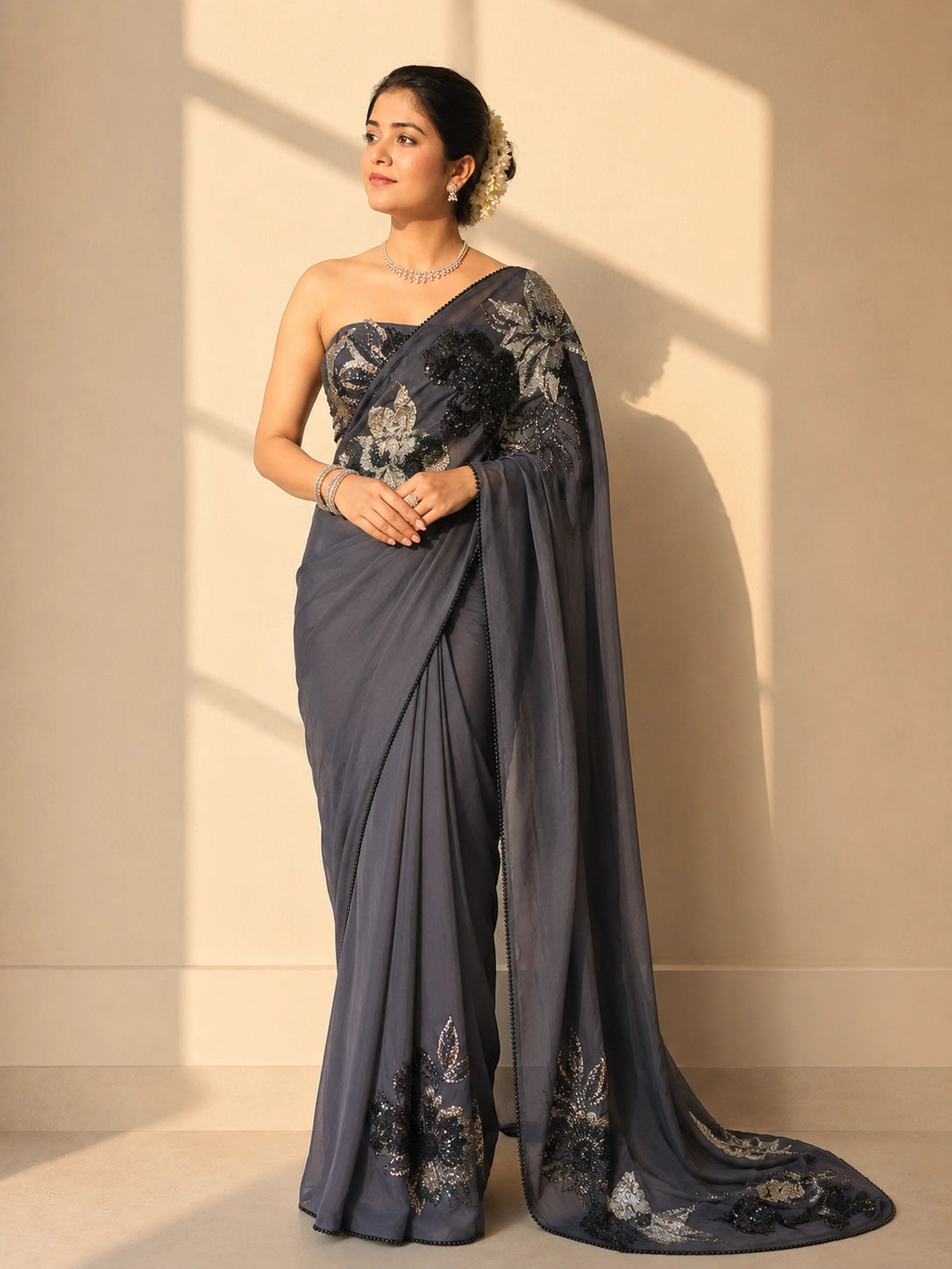 Grey Embroidered Designer Saree for Wedding & Party Wear