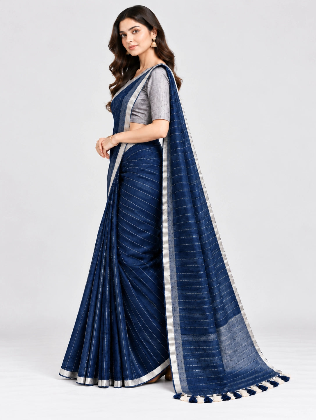 Striped Woven Saree with Metallic Border & Tassel Pallu | Elegant Ethnic Saree