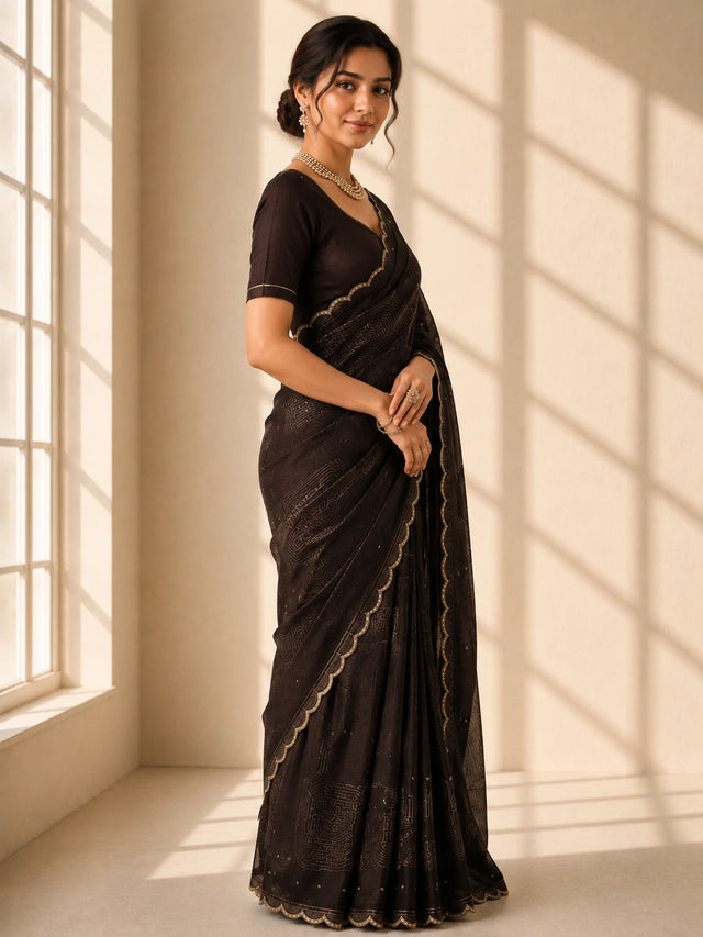 Elegant Brown Saree  with Scalloped Border and Geometric Print
