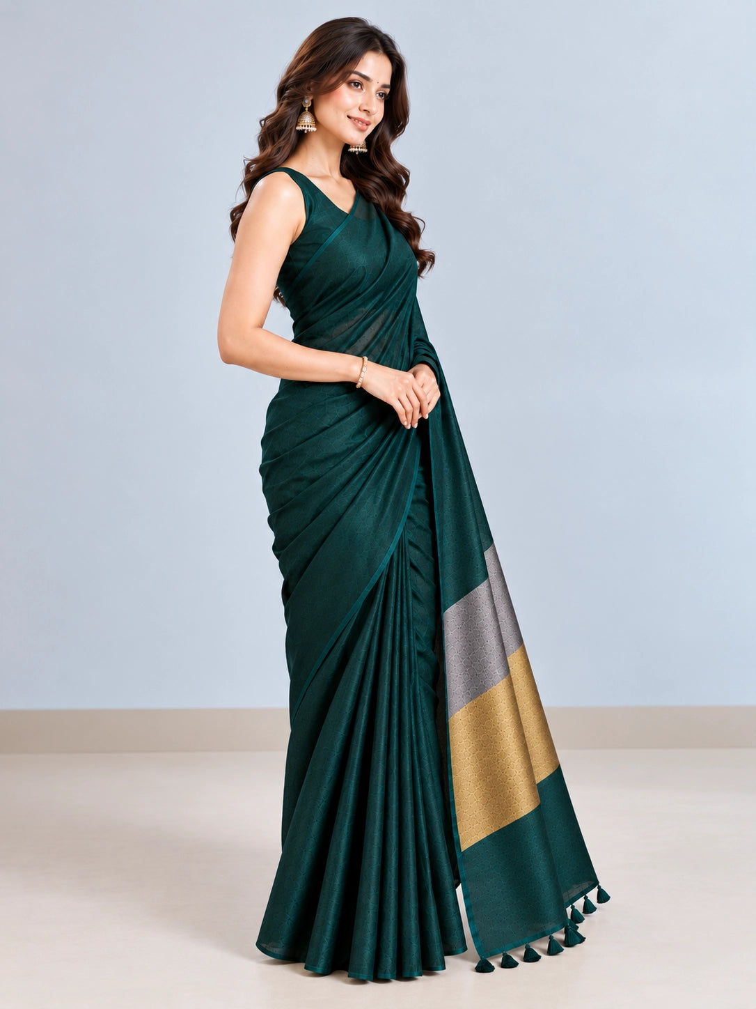 Elegant Green Woven Silk Saree with Designer Border & Tassel Detail