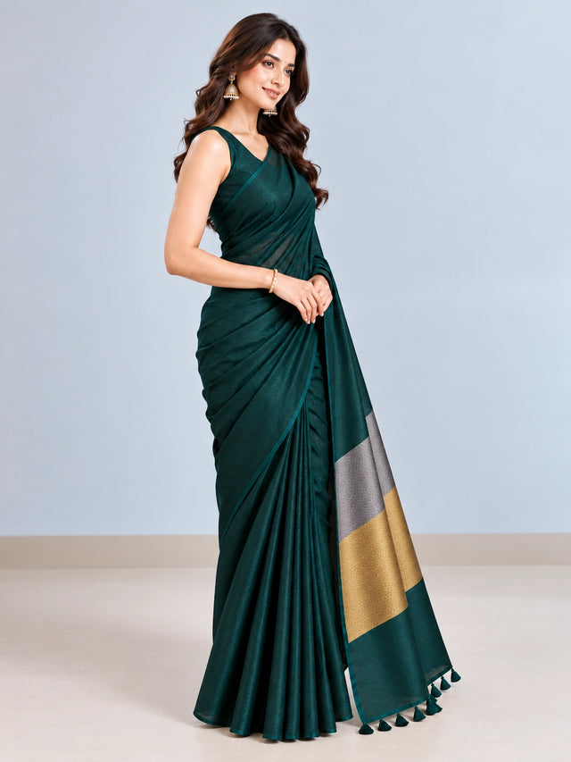 Elegant Green Woven Silk Saree with Designer Border & Tassel Detail