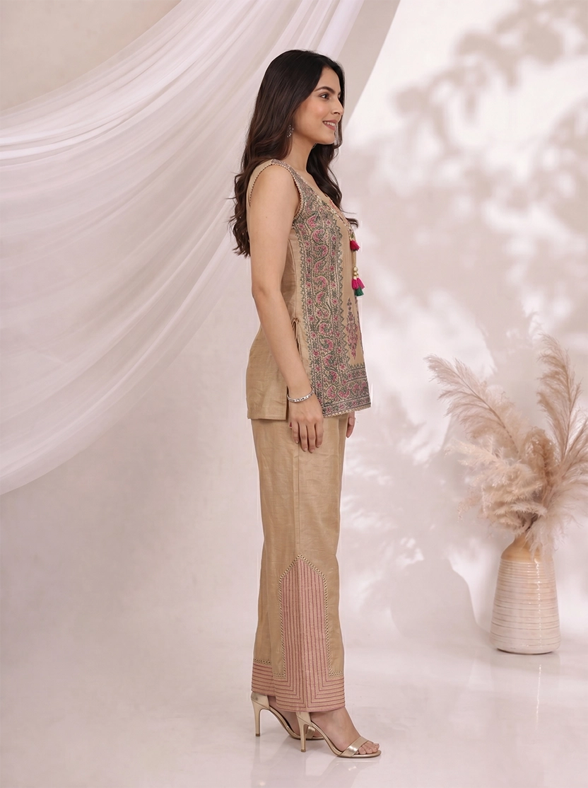 Beige Printed Kurti Set with Embroidered Neckline & Kurti Pants