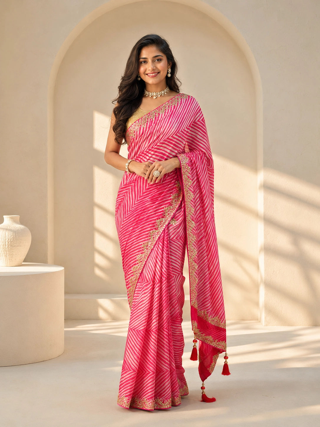 Pink Silk Saree with Embroidered Border