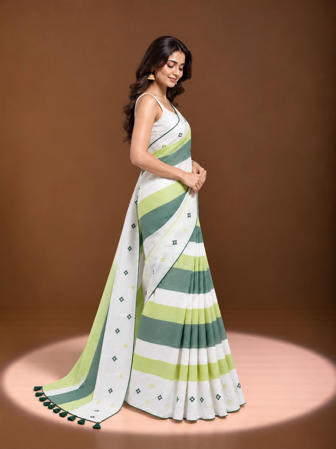 Designer Striped Cotton Saree with Floral Motifs & Contrast Border