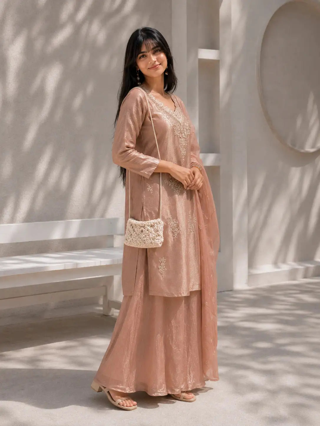 Pink Embroidered Kurta Set with Flared Palazzo & Embellished Dupatta