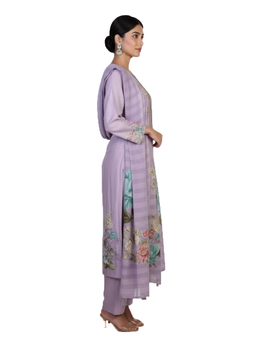 Lavender Purple Floral Printed Kurti Set with Dupatta for Women – Elegant Ethnic Wear