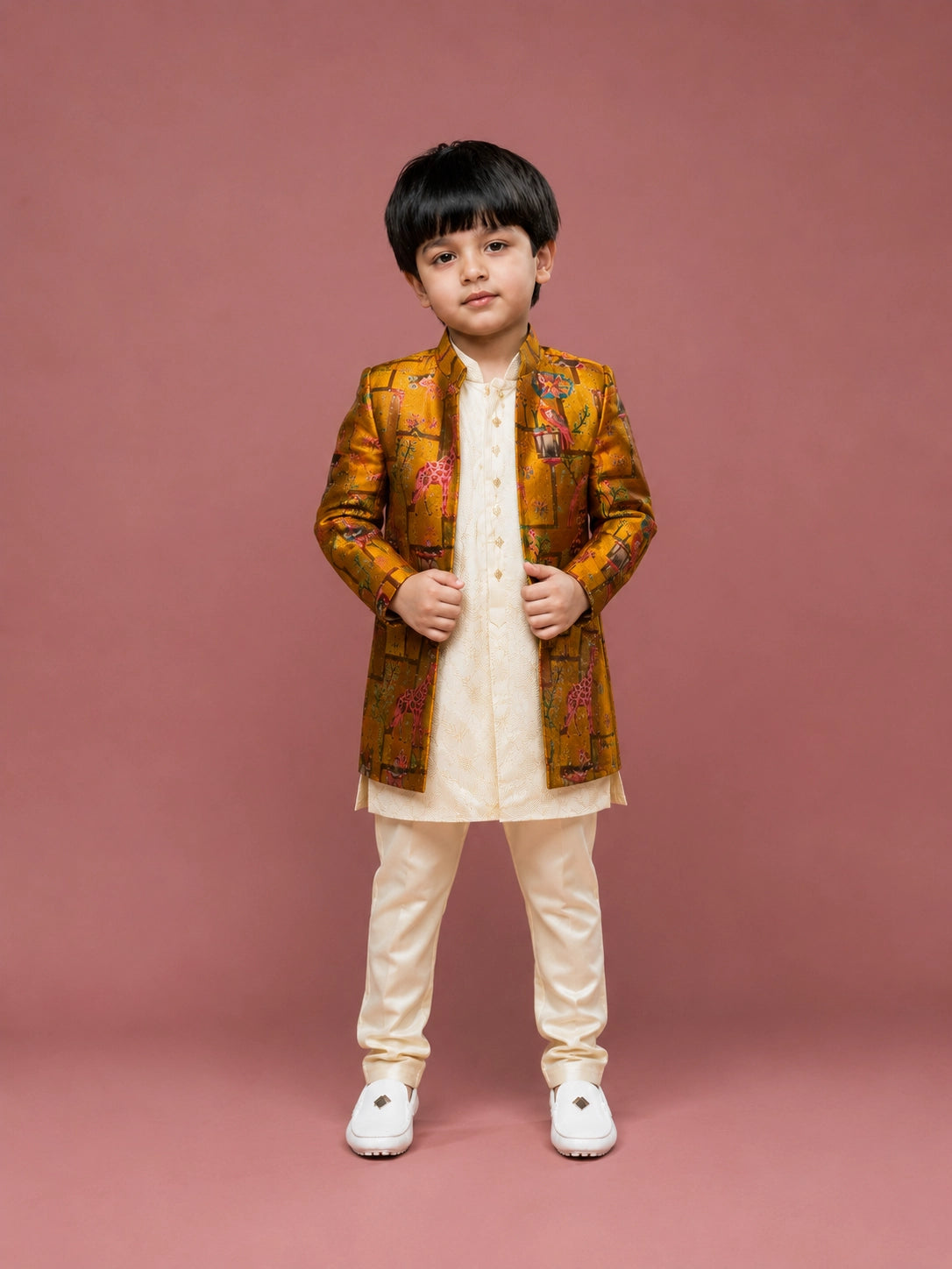 Boys Yellow Brocade Indo-Western Sherwani Set with Cream Kurta & Pajama