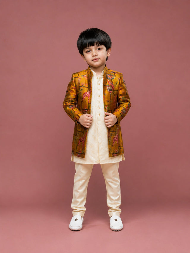 Boys Yellow Brocade Indo-Western Sherwani Set with Cream Kurta & Pajama