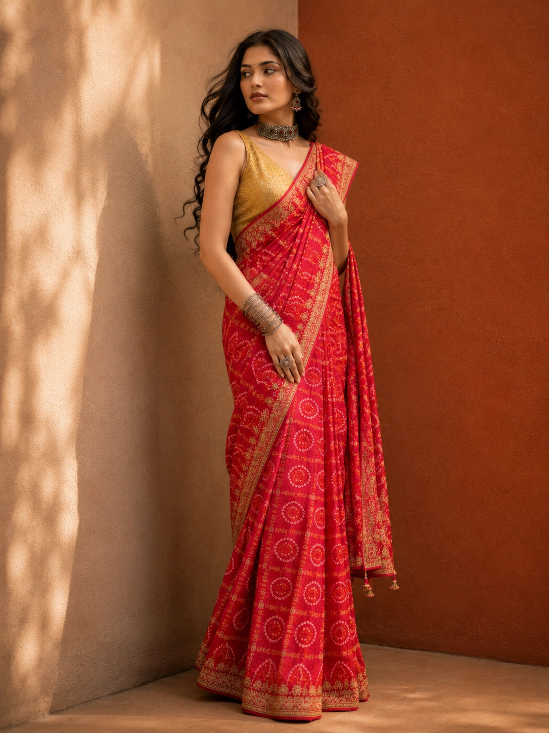 Traditional Red Bandhej Saree with Golden Print Work