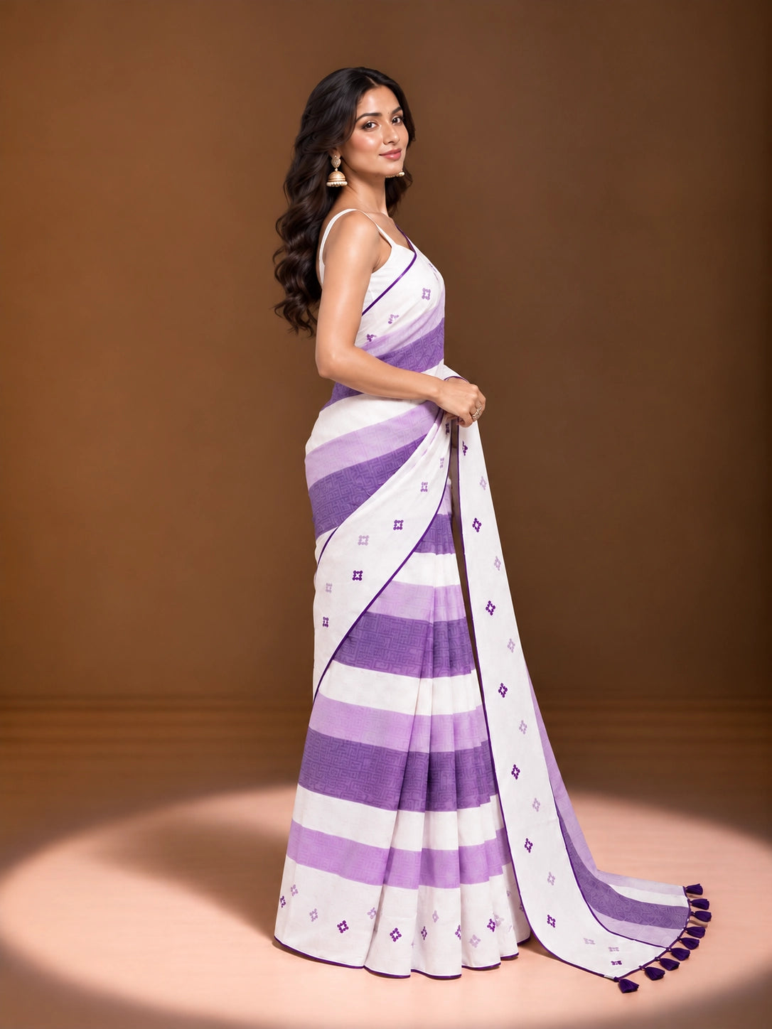 Designer Striped Cotton Saree with Floral Motifs & Contrast Border