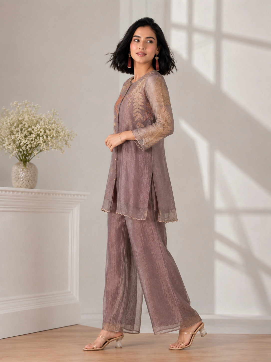 Elegant Brown Embroidered Sharara with Leaf Motifs
