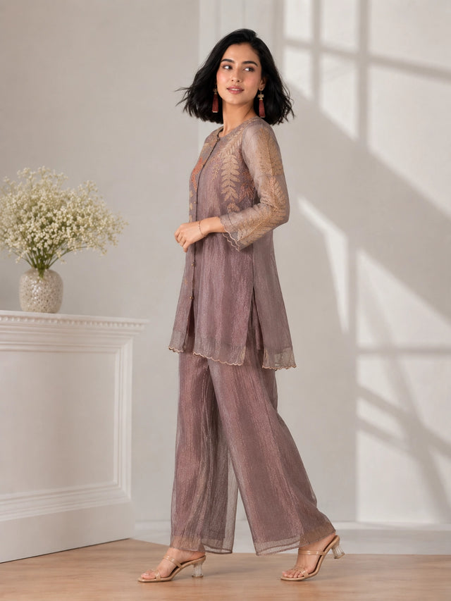 Elegant Brown Embroidered Sharara with Leaf Motifs
