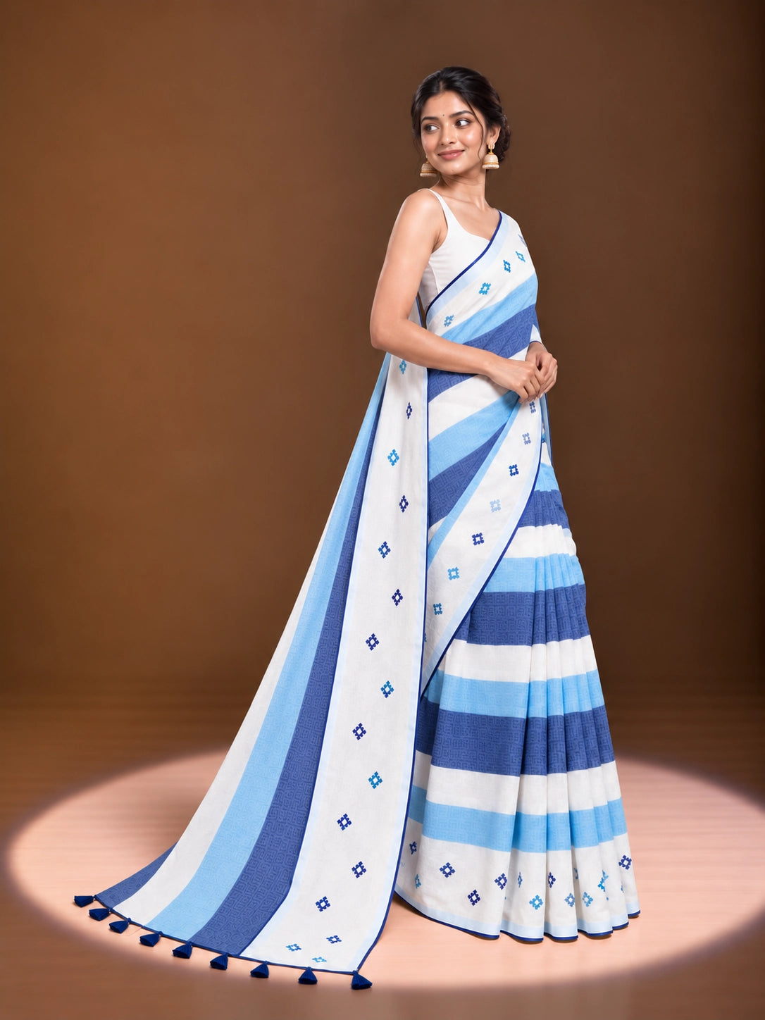 Designer Striped Cotton Saree with Floral Motifs & Contrast Border