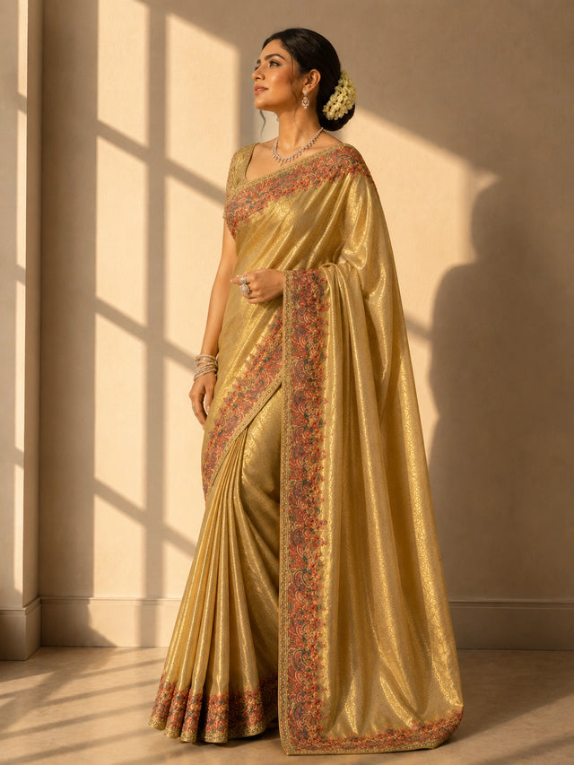 Beige Designer Saree with Multicolor Embroidered Border | Premium Ethnic Wear