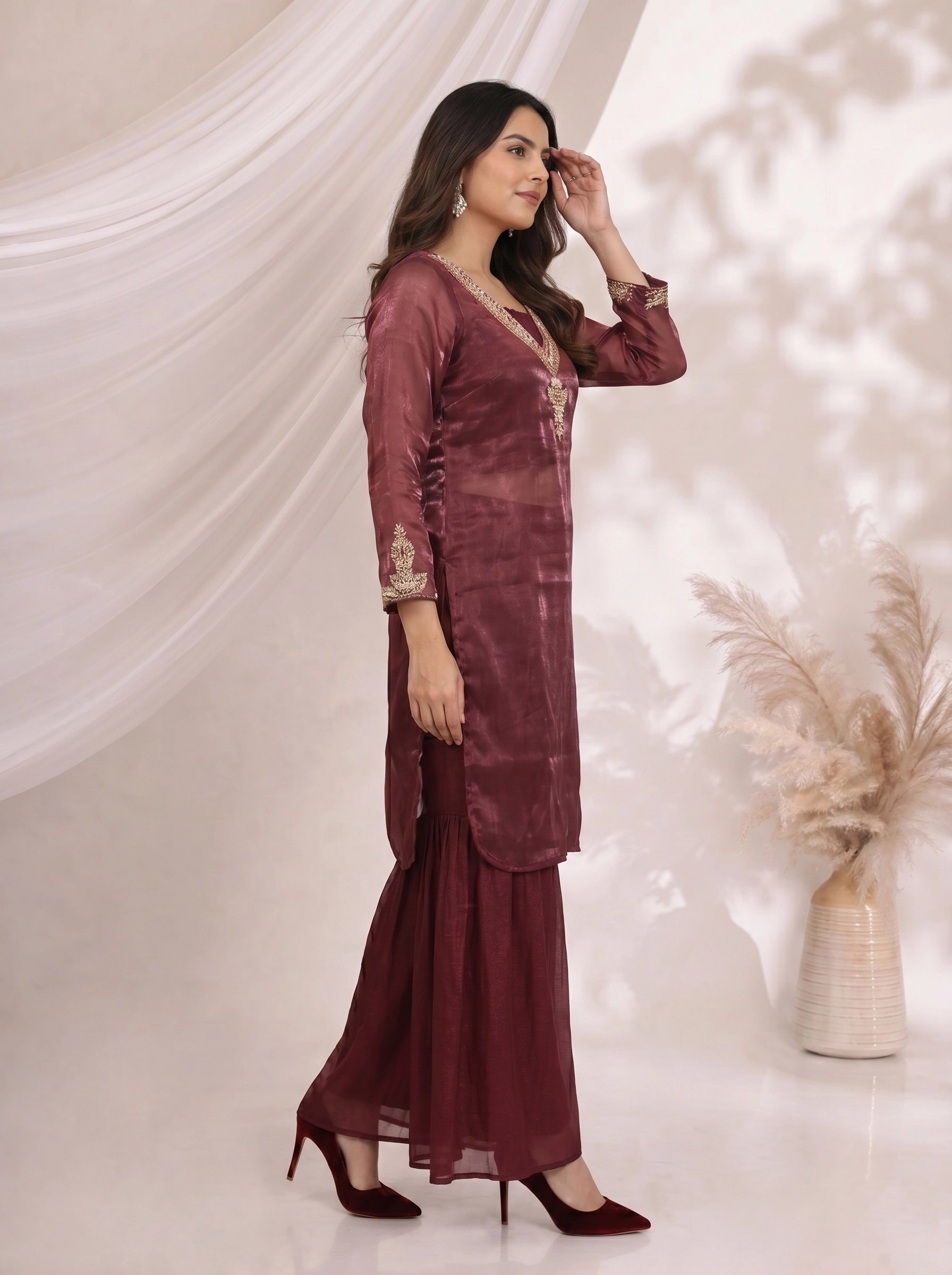 Elegant Maroon Embroidered Kurta and Sharara Set