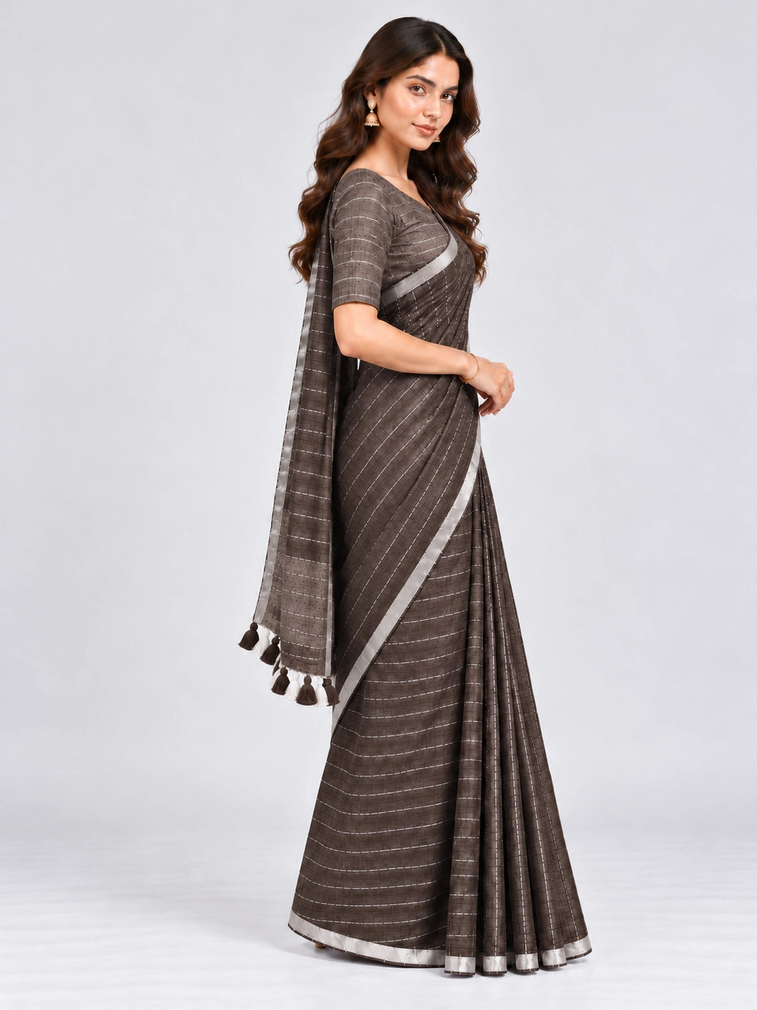 Striped Woven Saree with Metallic Border & Tassel Pallu | Elegant Ethnic Saree
