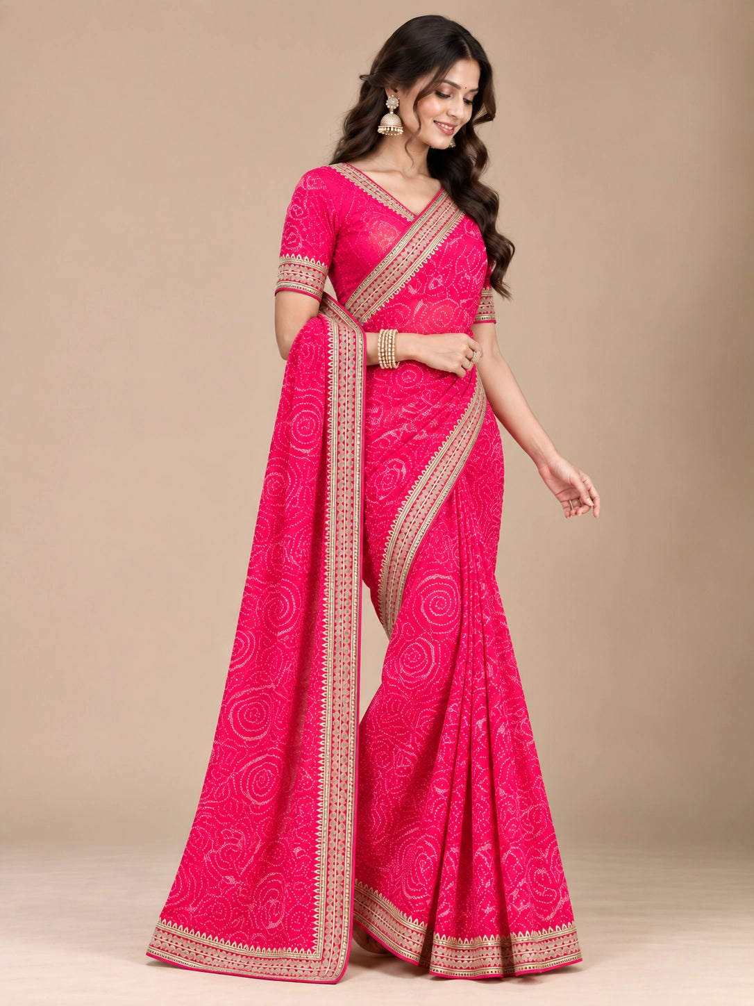 Rani Pink Printed Saree with Elegant Zari Border