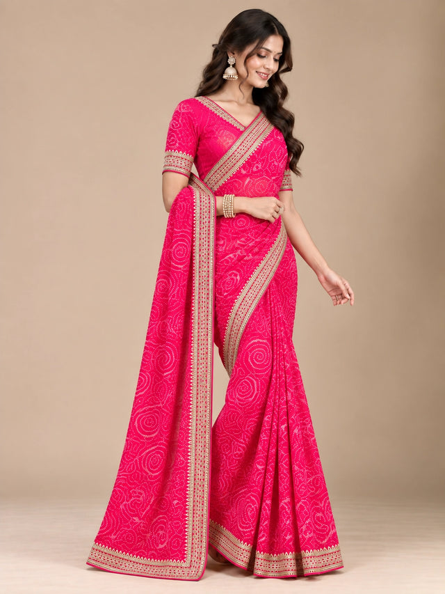 Rani Pink Printed Saree with Elegant Zari Border