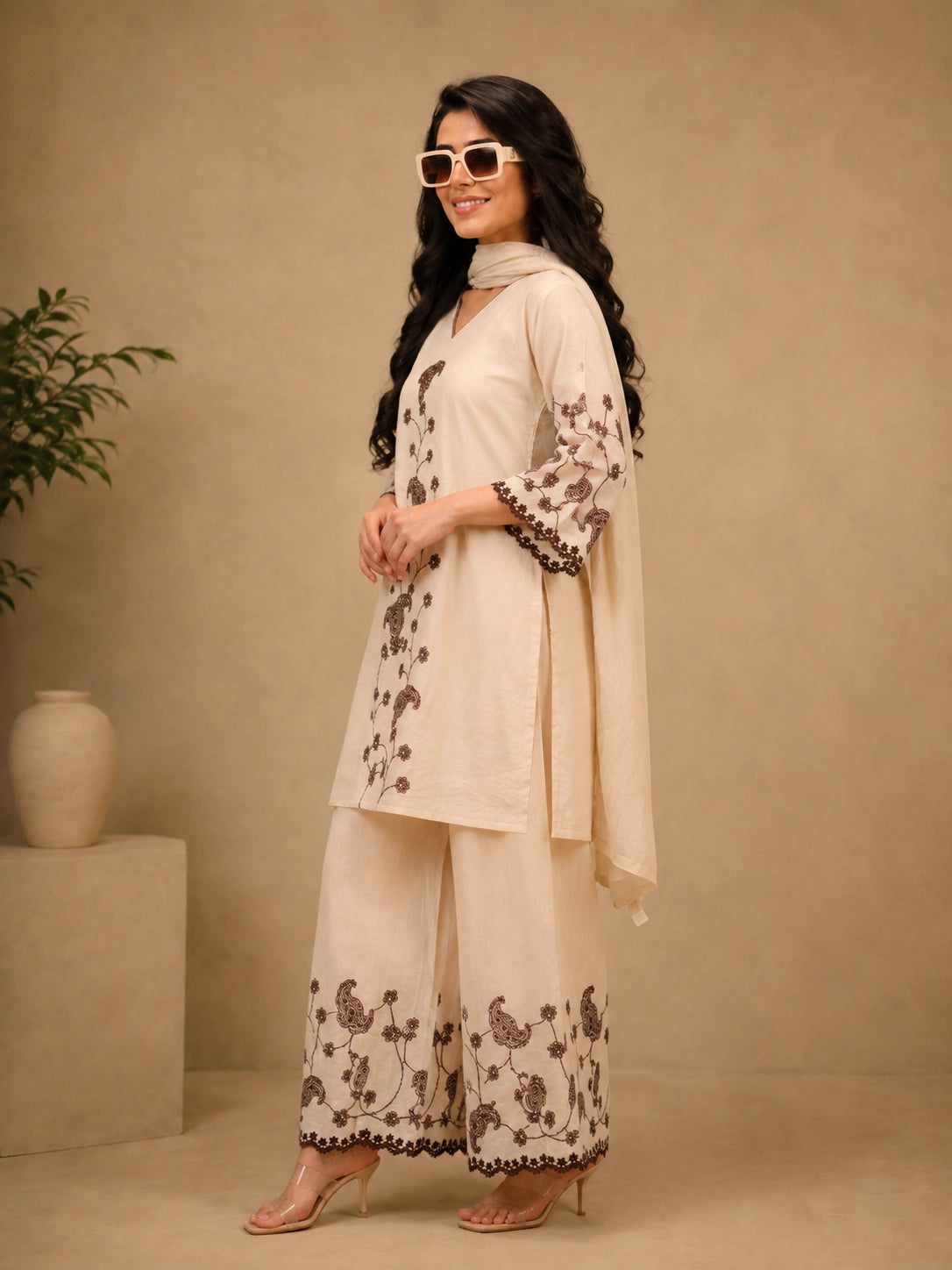 Elegant Cream Co ord set with Brown Floral Embroidery