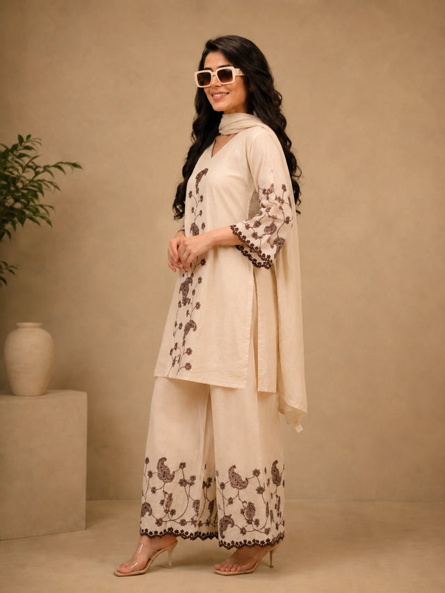 Elegant Cream Co ord set with Brown Floral Embroidery