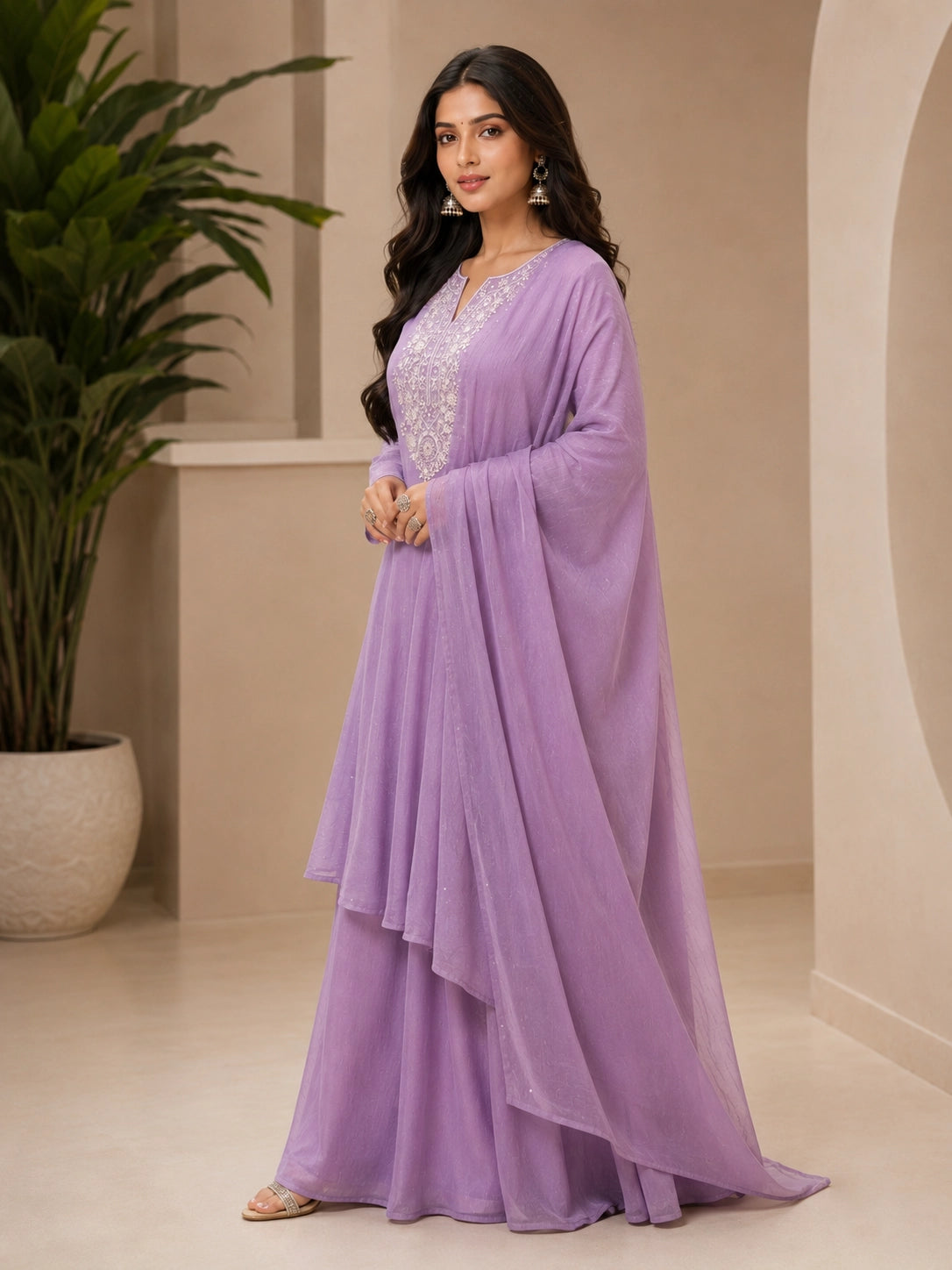 Beige Embroidered Sharara Set with Dupatta for Women