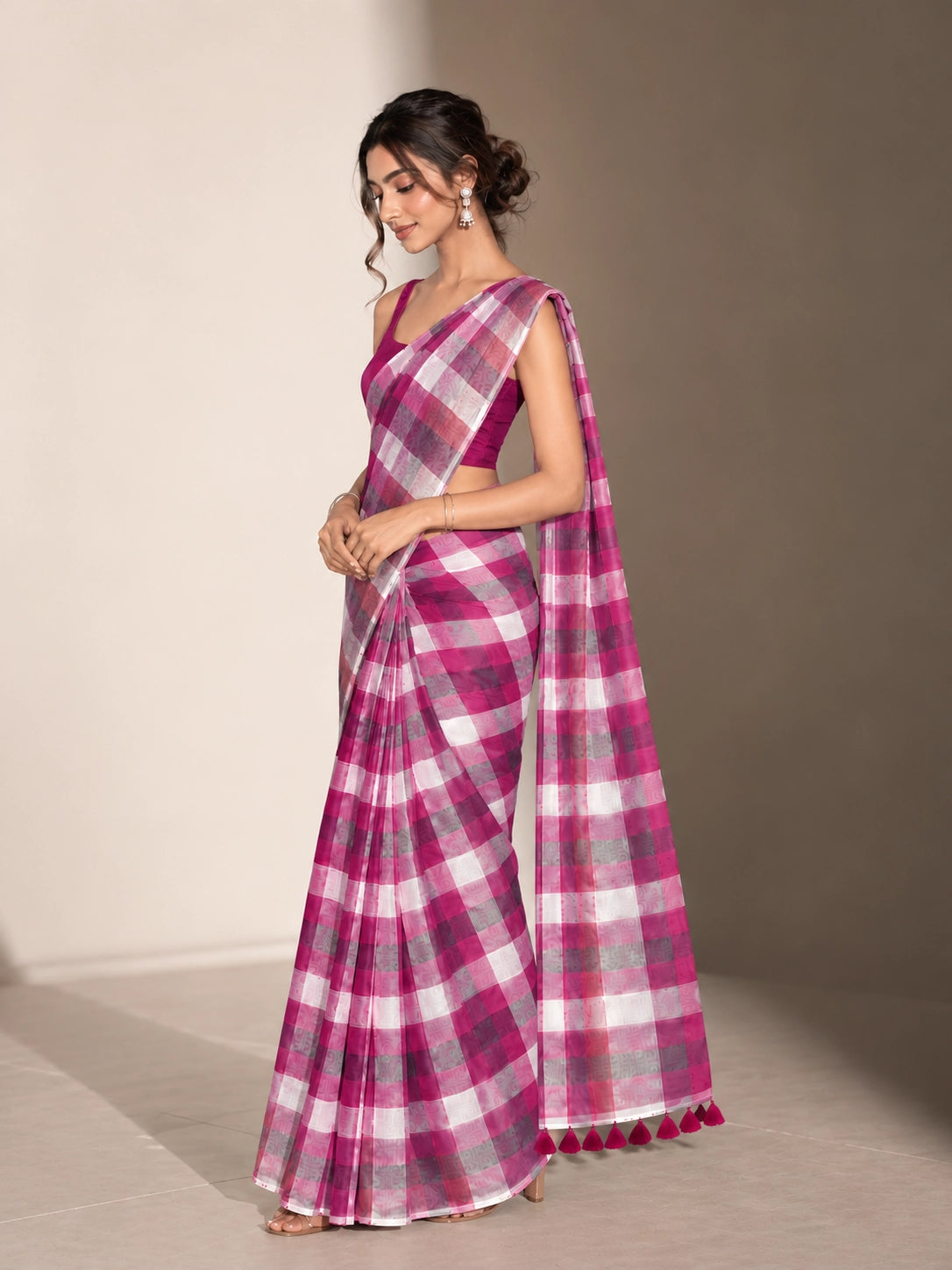 Designer Woven Saree with Checks Pattern & Elegant Tassel Border