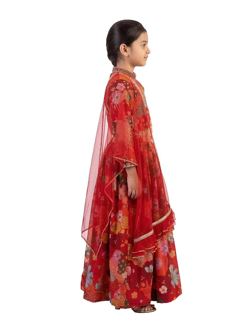 red floral printed lehenga choli for girls with dupatta satin silk party wear kids ethnic dress