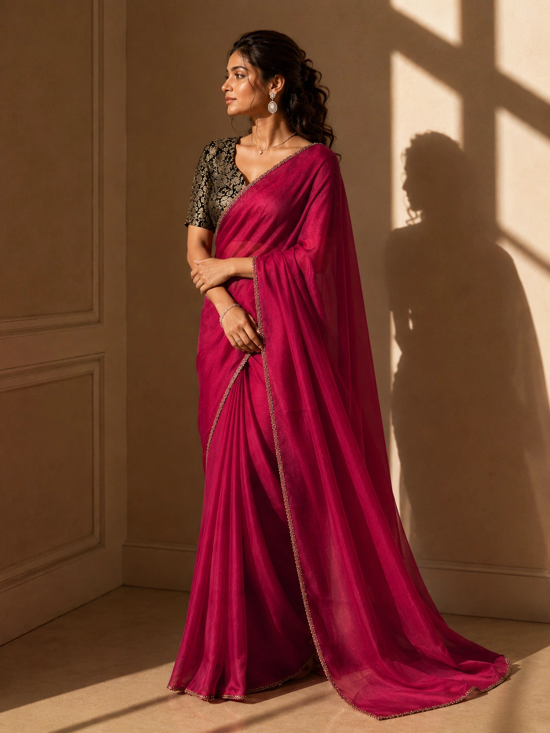 Elegant Red Saree with Black Brocade Blouse