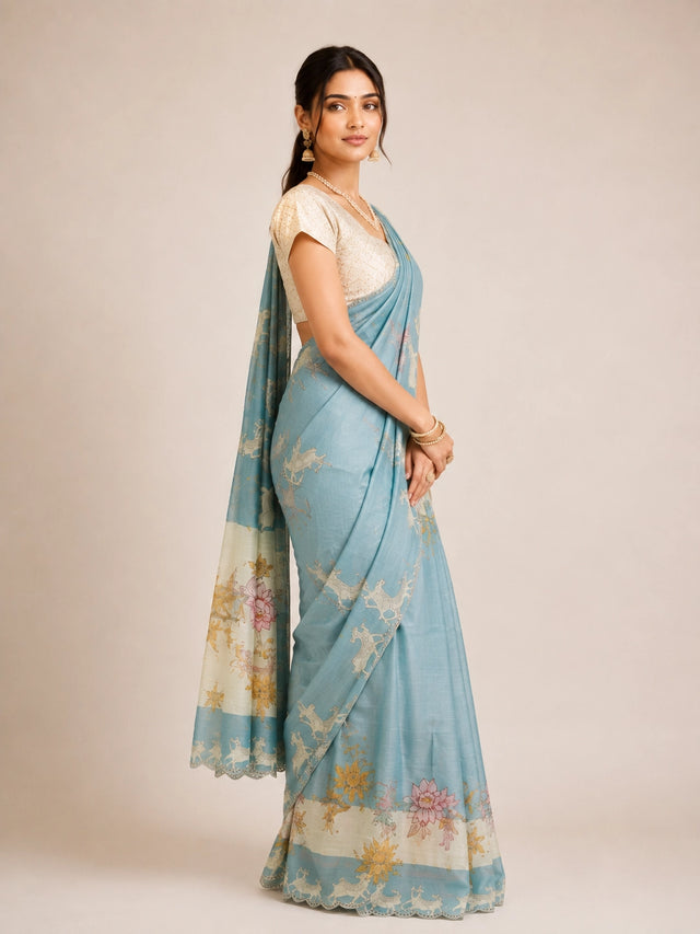 Elegant Sky Blue  Floral Saree