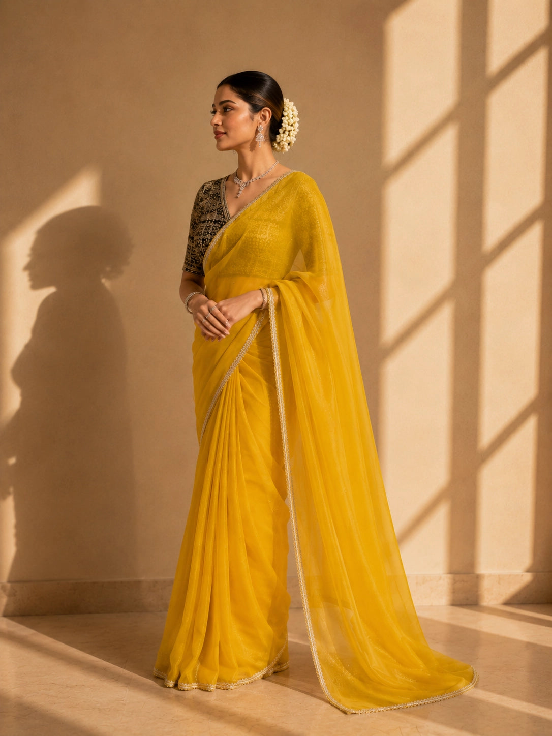 Elegant Mustard Saree with Black Brocade Blouse