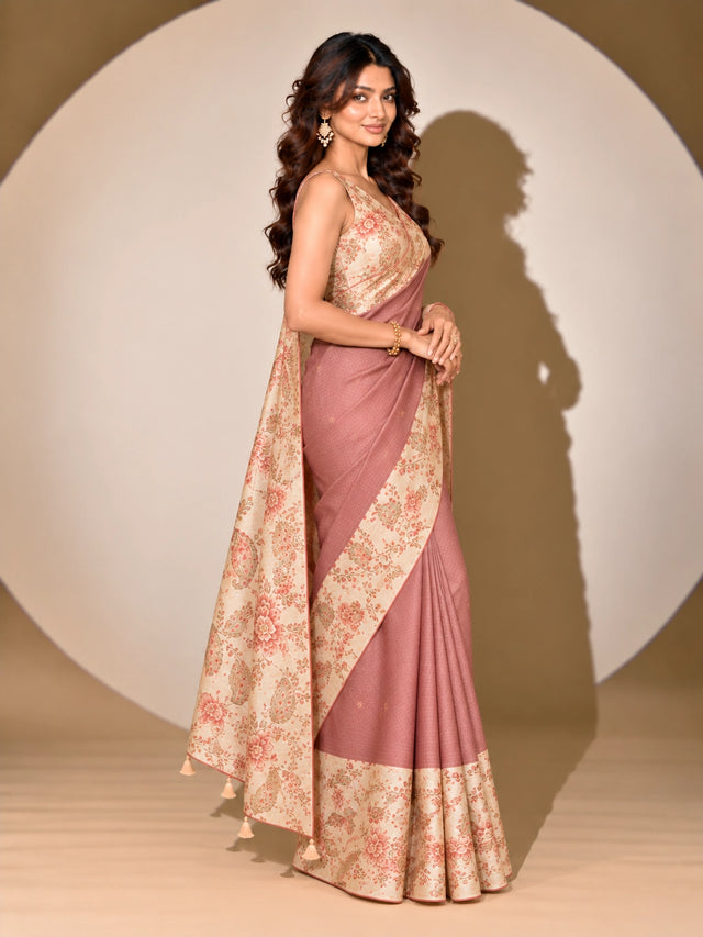 Pink Floral Printed Saree with Contrast Floral Border & Pallu