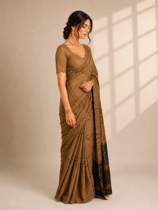 Elegant Brown  Saree with Geometric Print and Embellished Border