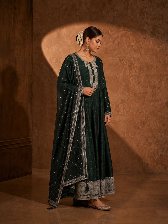 Elegant Emerald Green Embroidered Anarkali Suit Set