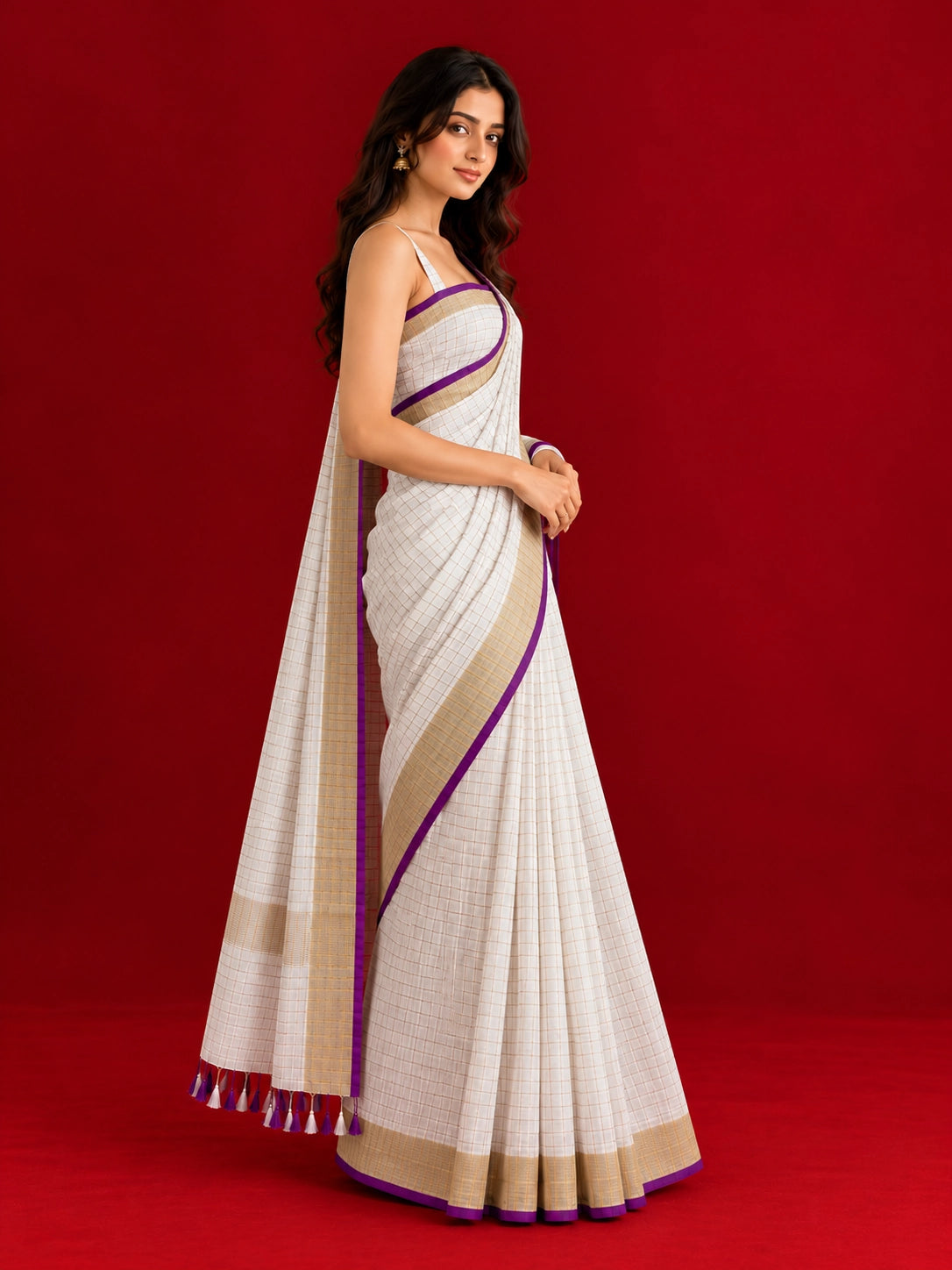 Elegant Checkered Woven Saree with Contrast Border & Tassel Detailing