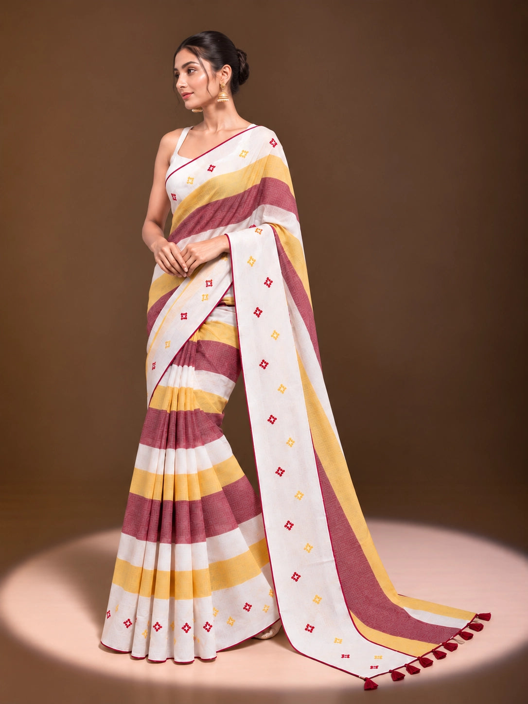 Designer Striped Cotton Saree with Floral Motifs & Contrast Border