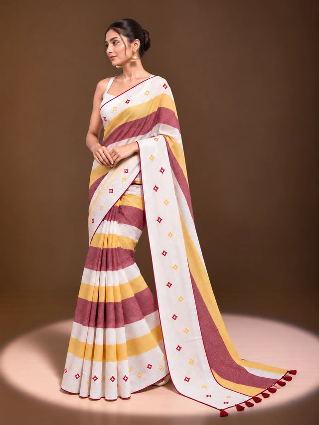 Designer Striped Cotton Saree with Floral Motifs & Contrast Border