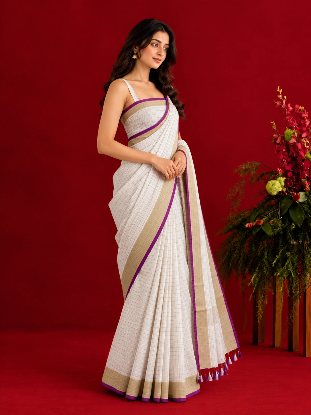 Elegant Checkered Woven Saree with Contrast Border & Tassel Detailing