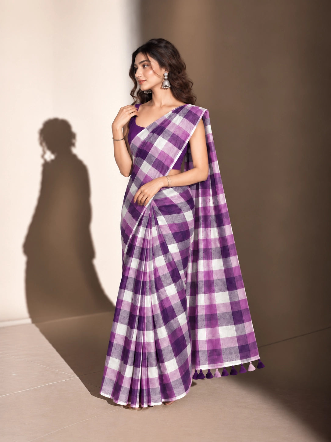 Designer Woven Saree with Checks Pattern & Elegant Tassel Border